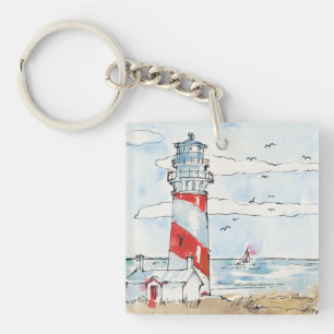 Red and White Lighthouse Scene Key Ring