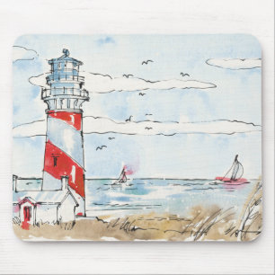 Red and White Lighthouse Scene Mouse Pad