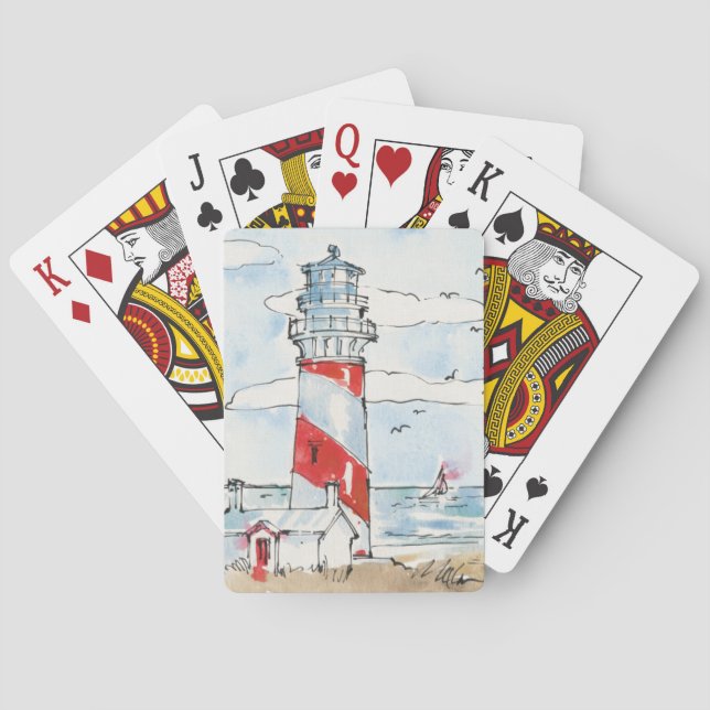 Red and White Lighthouse Scene Playing Cards (Back)