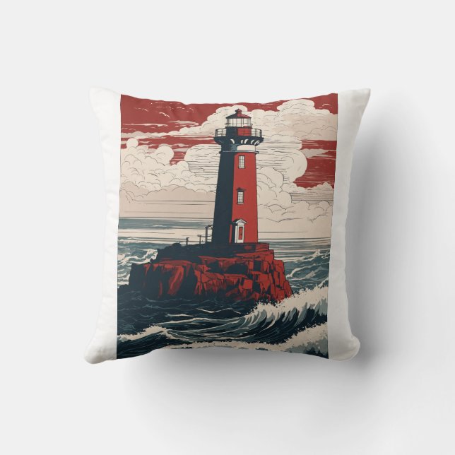 Red and White Lighthouse Standing on a Rocky Outcr Cushion (Back)