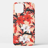 Red and white Lily flowers botanical seamless patt