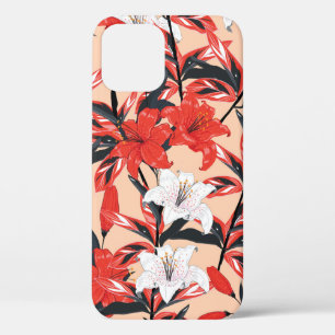 Red and white Lily flowers botanical seamless patt iPhone 12 Case