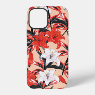 Red and white Lily flowers botanical seamless patt iPhone 12 Case