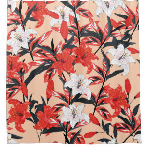 Red and white Lily flowers botanical seamless patt Shower Curtain