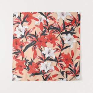 Red and white Lily flowers botanical seamless patt Tapestry