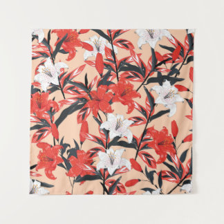 Red and white Lily flowers botanical seamless patt Tapestry