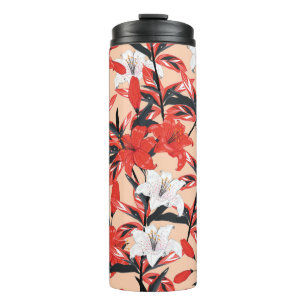 Red and white Lily flowers botanical seamless patt Thermal Tumbler