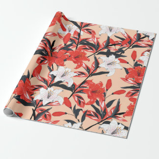 Red and white Lily flowers botanical seamless patt Wrapping Paper