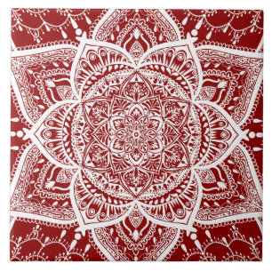 Red and White Mandala - Loergann in Raspberry Ceramic Tile