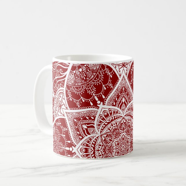 Red and White Mandala - Loergann in Raspberry Coffee Mug (Front Left)