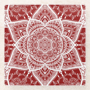 Red and White Mandala - Loergann in Raspberry Glass Coaster