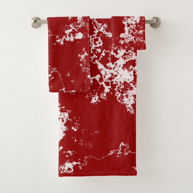 Red and White Marble abstract Bath Towel Set (Insitu)