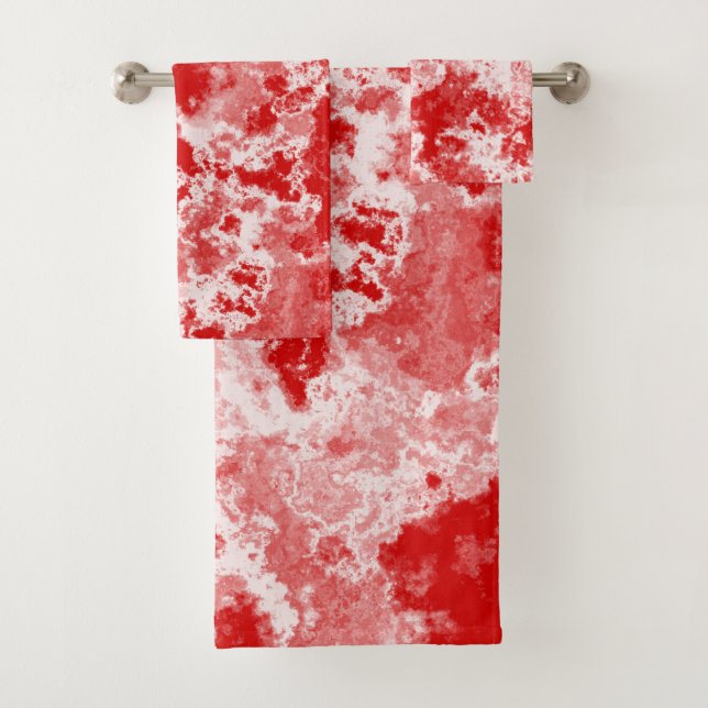 Red and White Marble abstract Bath Towel Set (Insitu)
