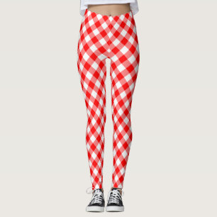 Red and White Medium Size Diagonal Gingham Checks Leggings