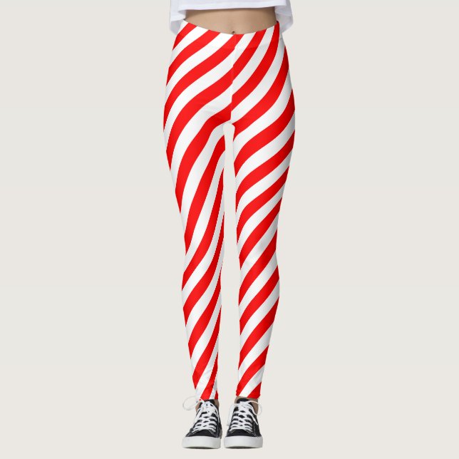 Red and White Medium Size Diagonal Stripes Leggings (Front)