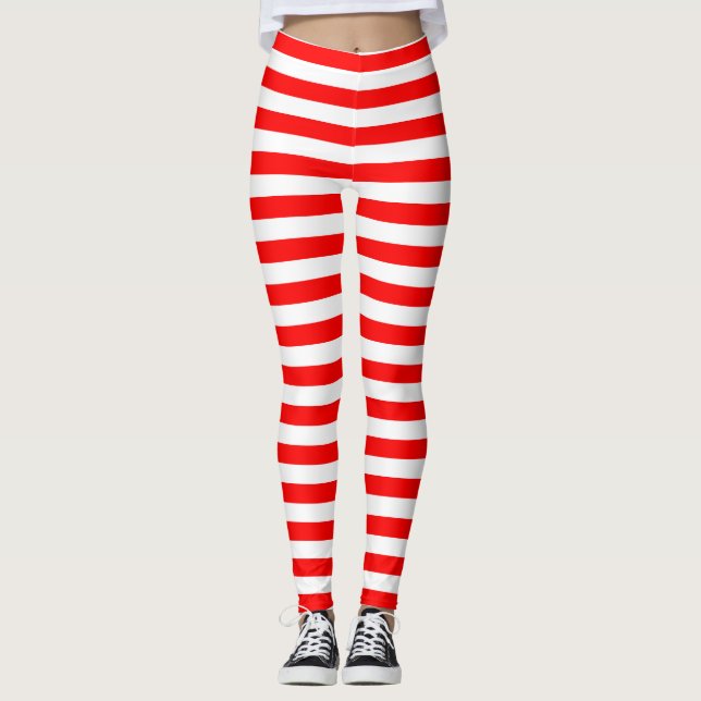 Red and White Medium Size Horizontal Stripes Leggings (Front)