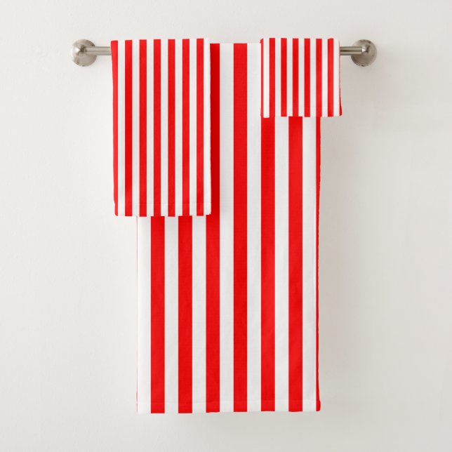 Red and White Medium Size Vertical Stripes Bath Towel Set (Insitu)
