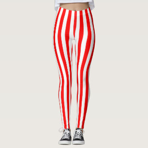 Red and White Medium Size Vertical Stripes Leggings