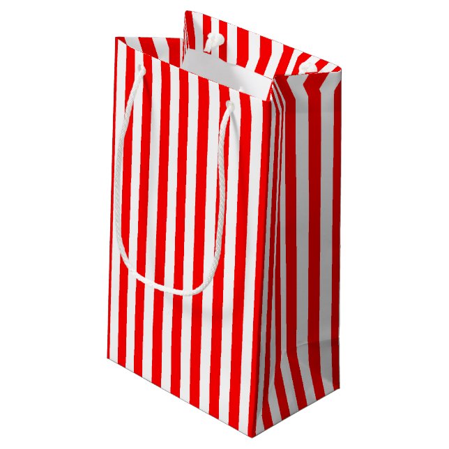 Red and White Medium Size Vertical Stripes Small Gift Bag (Back Angled)