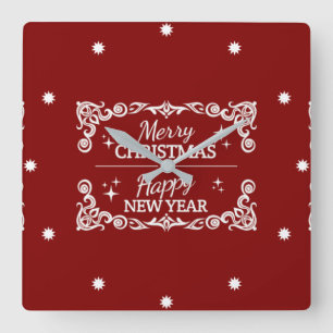 Red And White Merry Christmas And Happy New Year Square Wall Clock