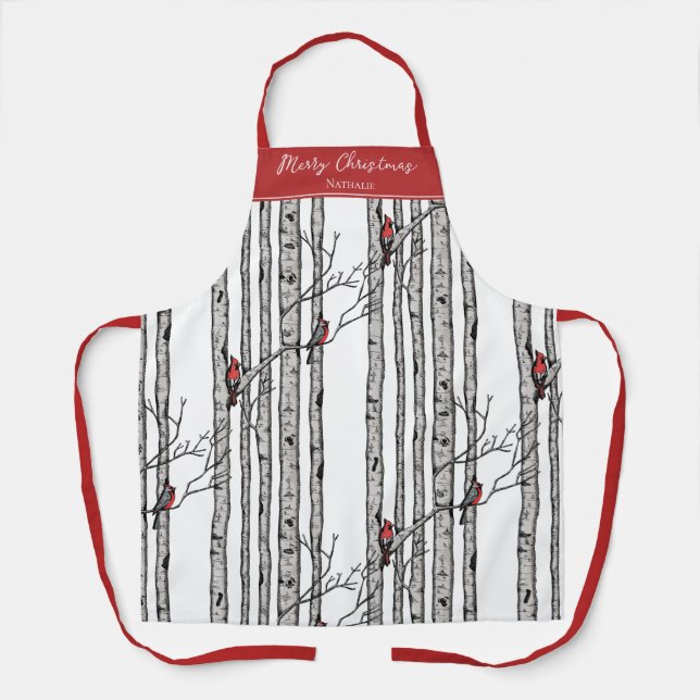 Red and White Merry Christmas Cardinal Bird Birch  Apron (Front)