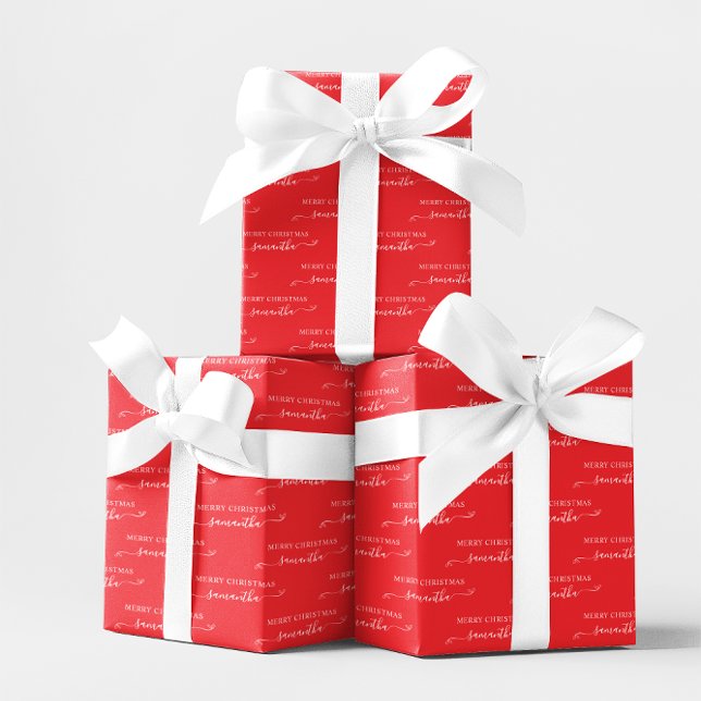 Red and White Merry Christmas Cute Bow Name Wrapping Paper Sheet (Red and White Merry Christmas Cute Bow Name Wrapping Paper Sheets)
