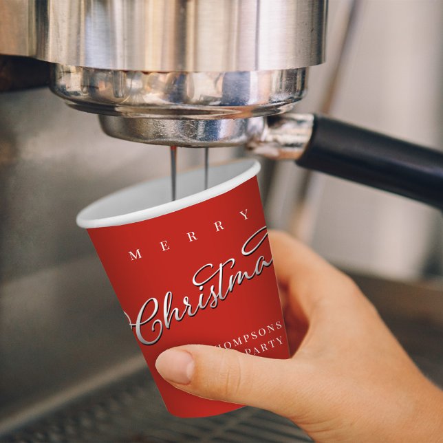 Red and White Merry Christmas Script Custom Paper Cups (Merry Christmas holiday silver calligraphy red paper cup. )