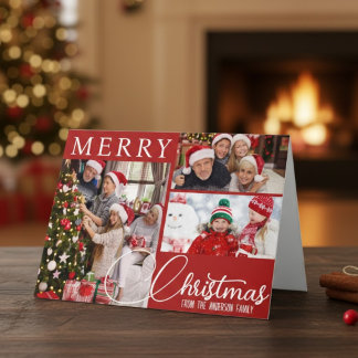 Red And White Merry Christmas Three Photo Classic Holiday Card