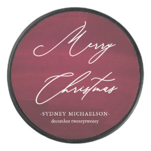 Red and White Merry Christmas with Name and Year Hockey Puck