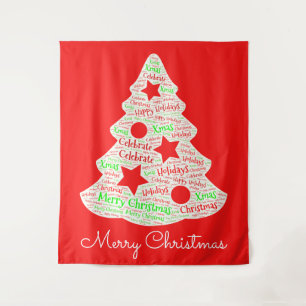 Red and White Merry Christmas Word Art Tree Tapestry