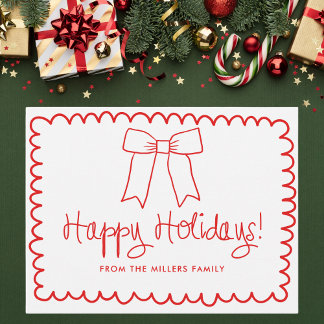 Red and White Minimalist Happy Holidays Bow Postcard