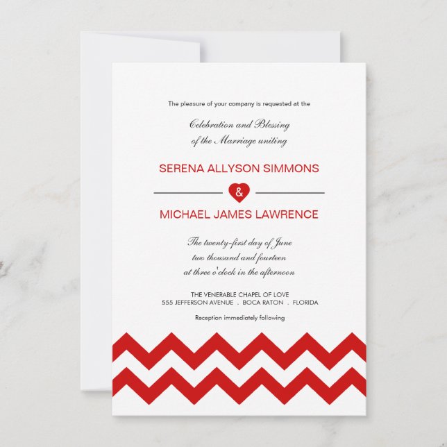 Red and White Modern Chevron Wedding Invitations (Front)