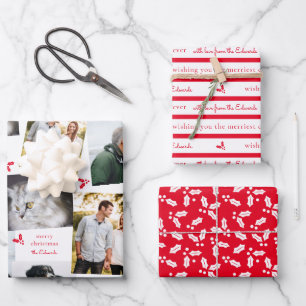Red and White Modern Holly Sprig Wrapping Paper Sheet