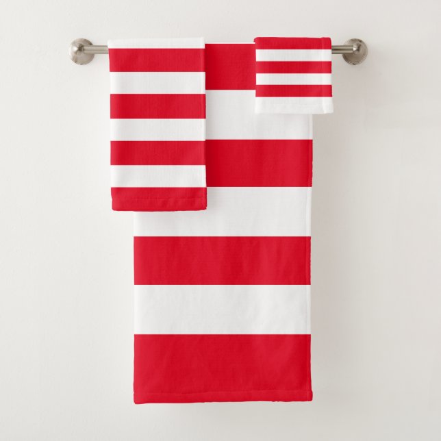 Red and White Modern Stripes Striped Bath Towel Set (Insitu)