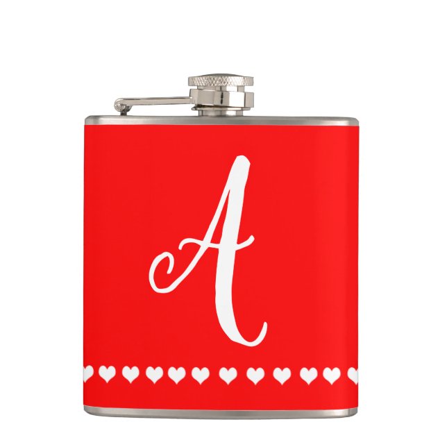 Red and White Monogram Initial   Hip Flask (Front)