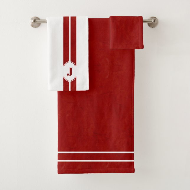 Red and White Monogram Stripe Bath Towel Set (Insitu)