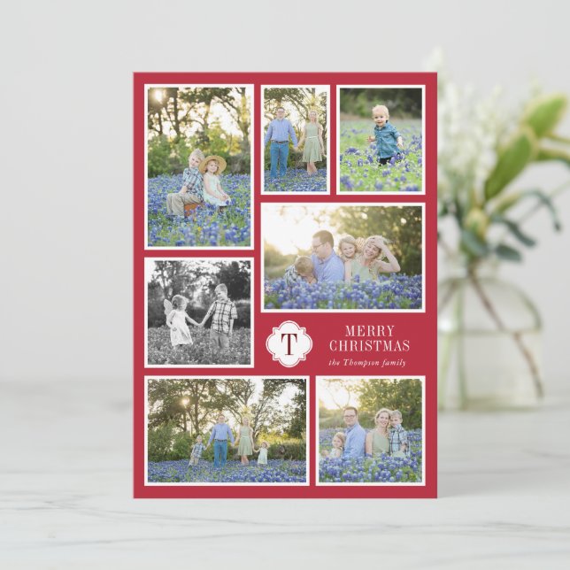 Red and White Monogramed Seven Photo Holiday Card (Standing Front)