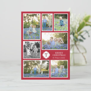 Red and White Monogramed Seven Photo Holiday Card