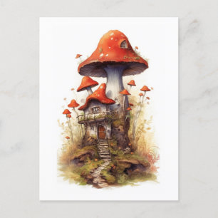 Red and white mushroom house postcard