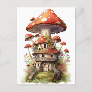Red and white mushroom house postcard