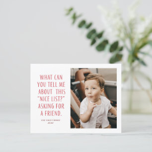 Red and White Nice List Asking for a Friend Funny Holiday Postcard