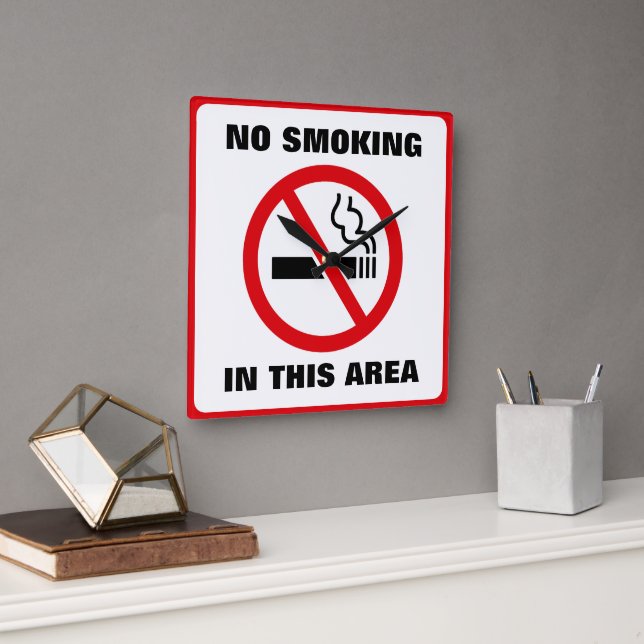 Red and White No Smoking Square Wall Clock (Office)