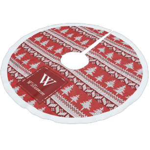Red and White Nordic Alpine Fir Trees Family Name Brushed Polyester Tree Skirt
