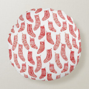 Red and White Nordic Christmas Stockings Round Cushion