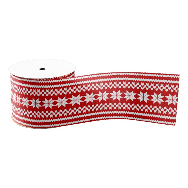 Red and White Nordic Christmas Sweater Pattern Grosgrain Ribbon (Spool)
