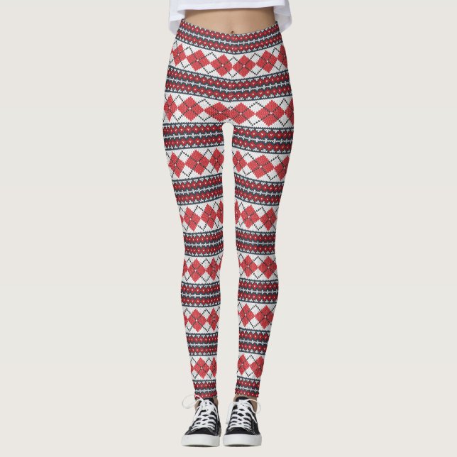 Red and White Nordic Fair Isle Argyle Leggings (Front)