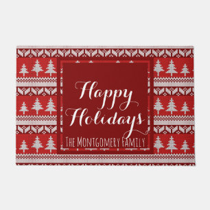 Red and White Nordic Fir Trees Happy Holidays Doormat