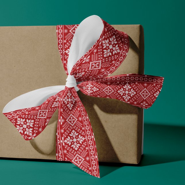 Red and White Nordic Sweater Pattern Grosgrain Ribbon (Creator Uploaded)