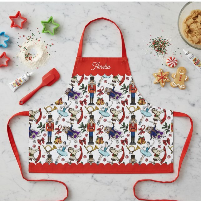 Red and White Nutcracker Ballet Kids Christmas Apron (Cute Nutcracker Ballet Christmas Kids Baking Apron. Nutcracker, Mouse King, Ballerina Xmas Pattern )