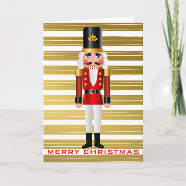 Red and White Nutcracker Gold Stripes Personalise Holiday Card (Front)